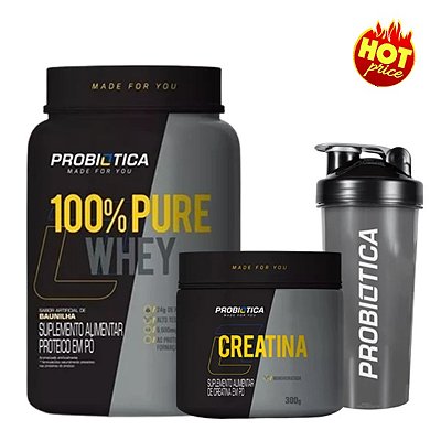 COMBO 100% Pure Whey Proitein 900g + Creatina 300g + Coqueteleira - Probiótica