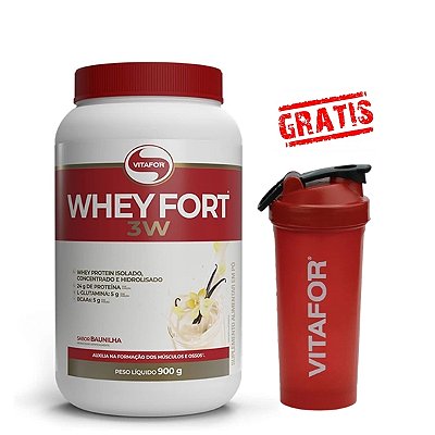 Whey Fort 3W Vitafor 900g + Coqueteleira Vermelha Vitafor BRINDE