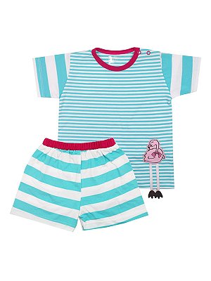 Pijama em Meia Malha Camiseta e Shorts Flamingo Be Little