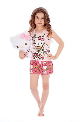 Pijama Regata e Short Malha Cute Rosa Hello Kitty