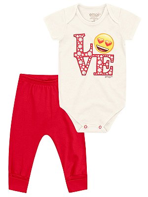 Kit Marlan 2 peças Body Emoji Love Curta e Calça Creme