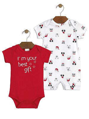 Kit Up Baby 2 peças Natal Body e Macaquinho Malha Curta Vermelho