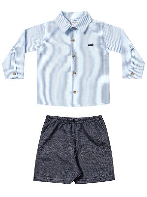 Conjunto Marlan Bebê Camisa Social Longa e Bermuda Moletom Azul