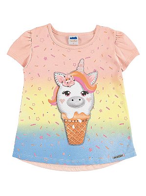 Blusa Marlan Infantil Curta Malha Unicórnio Rosa