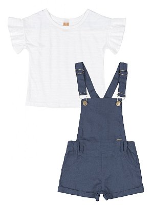 Conjunto Up Baby Jardineira Tecido Jeans e Blusa Flame Branco