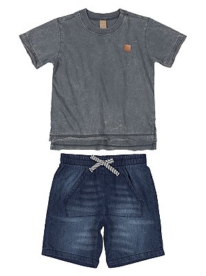 Conjunto Infantil Up Baby Camiseta Malhas e Bermuda Jeans Cinza