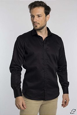 Camisa Masculina Slim Manga Longa Preta