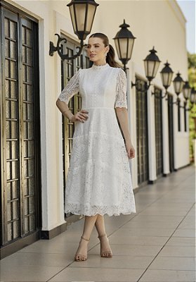 Vestido de Noiva Midi Mix de Renda Disponível Para Locação (3618)