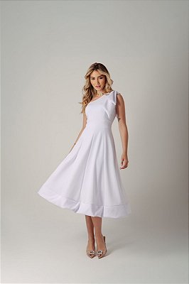 Vestido Bela Branco Midi com Laço no Ombro