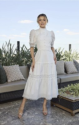 Vestido Lira Off White Midi com Detalhes em Guipir