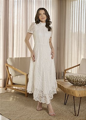 Vestido Ágata Midi em Renda com Saia Assimétrica