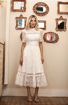 Vestido Paula Branco Midi em Renda