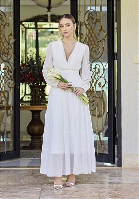 Vestido Noiva Civil Eloah Midi com Manga Longa