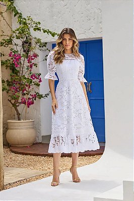 Vestido Amicia em Renda Guipir com Manga Princesa