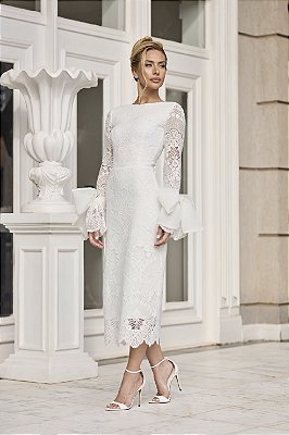 Vestido Lírio Mídi em Renda com Laço Manga