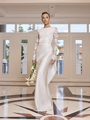 Vestido Callas Longo em Zibeline e Renda