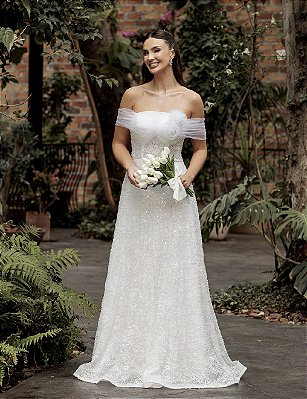 Vestido Longo Melina Bordado com Detalhes em Tule