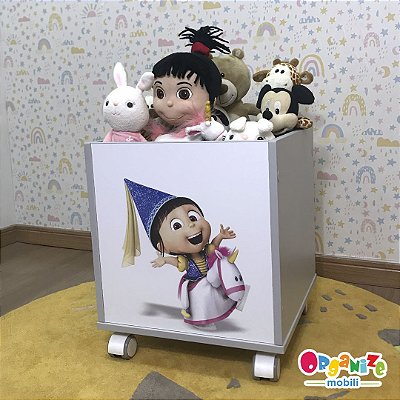 Baú infantil organizador de brinquedos com rodizio e tema Agnes fantasia - cor cinza cristal ou branco