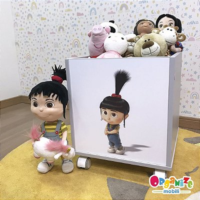 Baú infantil organizador de brinquedos com rodizio e tema Agnes - cor cinza cristal ou branco