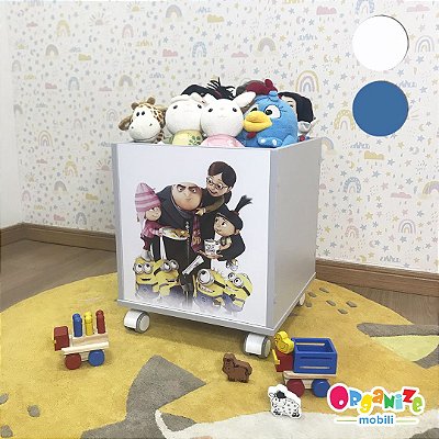 Baú infantil organizador de brinquedos com rodizio e tema família Gru - cor cinza cristal ou branca