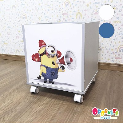 Baú infantil organizador de brinquedos com rodizio e tema Minions alarme - Cor cinza cristal ou branca