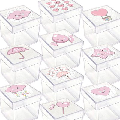 Caixinha Acrílica para Lembrancinha Festa Chuva de Amor Rosa - 20 Unidades - Lembrafesta