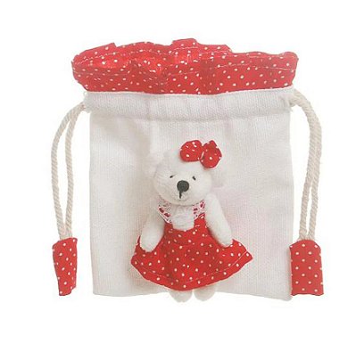 Bolsinha de Tecido com Urso de Pelúcia Vermelho e Bege 10x14cm - Ref 214972 Cromus