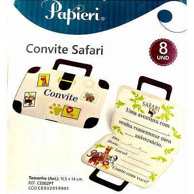 Convite de Aniversário Maleta Festa Safari com 8 Un - Papieri