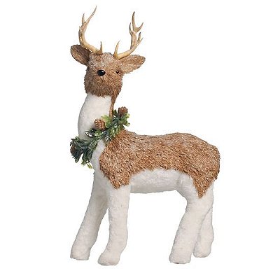 Rena de Palha e Pelúcia em Pé com Guirlanda no Pescoço 55cm - Coleção Newcastle - Cromus 1691066