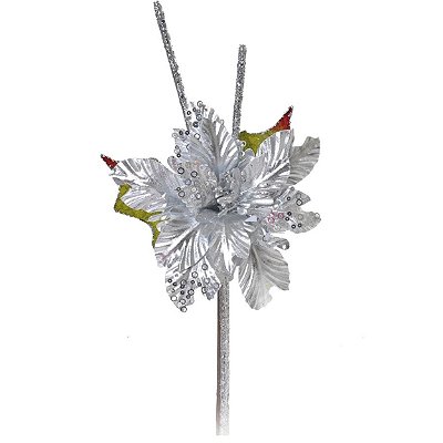 Flor de Natal Poinsettia Prata com Lantejoulas Cabo Médio - Cromus 1616572