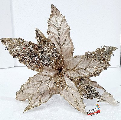Flor de Natal Poinsettia Nude com Apliques de Lantejoula - Cabo Médio - Cromus 1696871