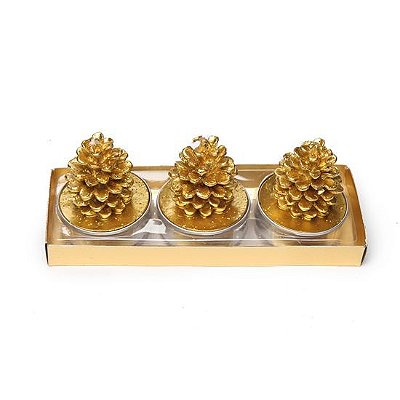 Vela de Parafina Formato de Pinha Tealight Ouro com 3 unidades - Cromus 1750504