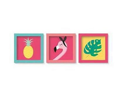 Quadro Decorativo de Papel Moldura Sortida Flamingo Tropical com 3 Un - Cromus 23012092