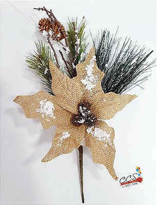 Flor de Natal Poinsetia de Juta Bege com Galhos de Pinheiro e Miolo Pinhas - Flor Cabo Médio - Ref 1412157 Cromus