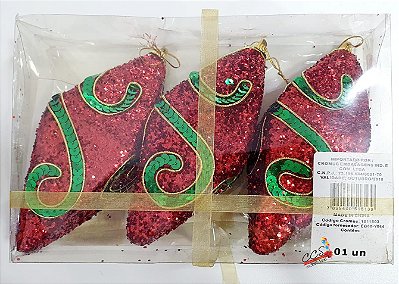 Enfeite de Pendurar Balões Tipo Pingente Vermelho com Arabescos Verdes - Jogo com 3 Unidades - Coleção Bolas de Natal - ref 1011803 Cromus Natal