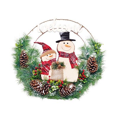 Guirlanda Aramada com 2 Bonecos de Neve de Madeira e Placa Welcome 30x30cm - Ref 1921570 - Cromus Natal