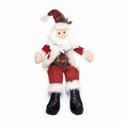 Papai Noel Sentado com Roupa Xadrez Vermelha e Botas de Courinho 55cm - Coleção Sicilia - Ref 1591661 Cromus