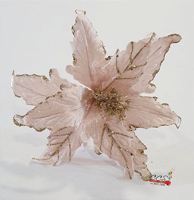Flor de Natal Poisenttia Rosa Claro com Glitter Dourado Cabo Médio - Cod 1593567 Cromus Natal
