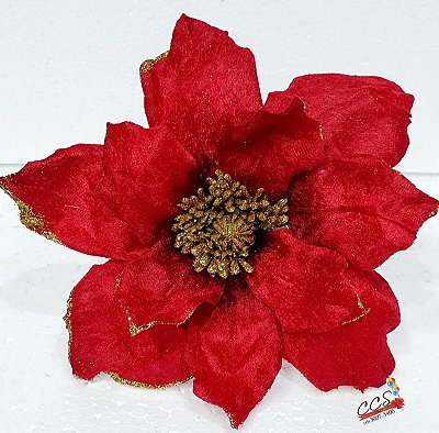 Flor de Natal Poinsetia Vermelha com Borda de Glitter Dourado 20cm - Cabo Curto - Ref 1351945 - Cromus Natal