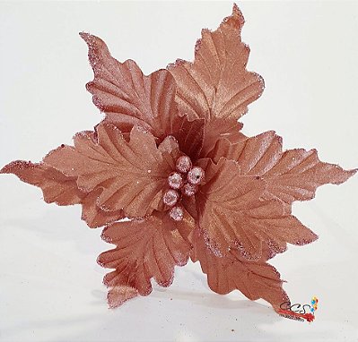 Flor de Natal Poinsetia Rosê com Bordas de Glitter Rosa Chanell e Miolo de Bolinhas - Flores Cabo Médio - Ref 1920771 Cromus Natal