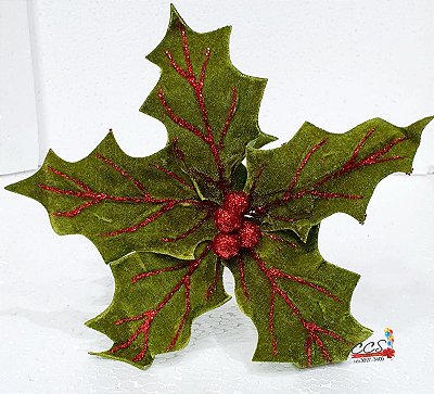 Flor de Natal Poinsetia Verde com Glitter Vermelho - Ref 1410170 - Cromus Natal