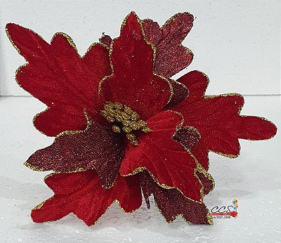 Flor de Natal Poinsetia Vermelha com Glitter Ouro e Pétalas Marsala - Ref 1712358 - Cromus Natal