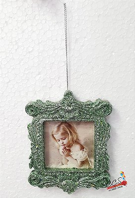 Enfeite de Pendurar Porta Retrato Verde Claro com Glitter 10x7cm - Ref 1519417 - Cromus Natal