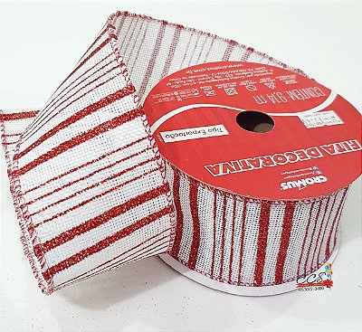 Fita de Natal Aramada Listras Branco e Vermelho 6,3cm - Fitas Natalinas - Ref 1552020 Cromus Natal