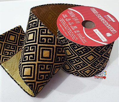 Fita de Natal Aramada Losangos Ouro e Preto 10cm - Fitas Natalinas - Ref 1613153 Cromus Natal
