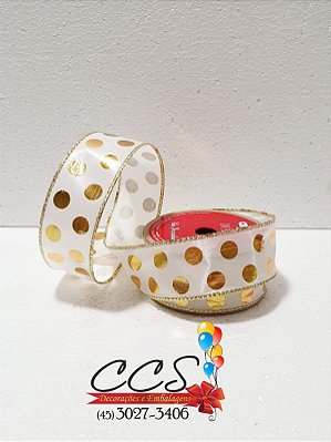 Fita Aramada Branco com Poá Ouro 3.8cm - Fitas Natalinas - Ref 1206646 Cromus Natal