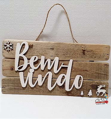 Placa De Madeira Decorativa Rústica Bem Vindo - Coleção Quadrinhos - Ref 1204093 Cromus Natal