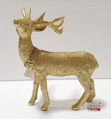 Enfeite Decorativo de Resina Rena Olhando Para Cima com Brilho Ouro 20cm - Coleção Marrocos - Ref 1713214 Cromus Natal