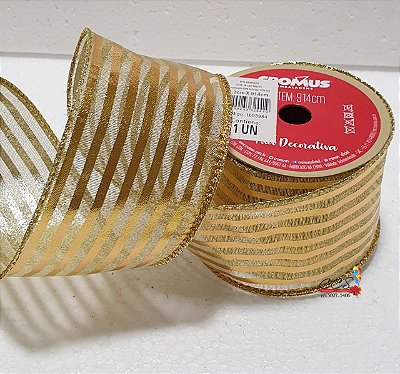 Fita Aramada Listras Ouro 63mm - Fitas Natalinas - Ref 1693984 Cromus Natal