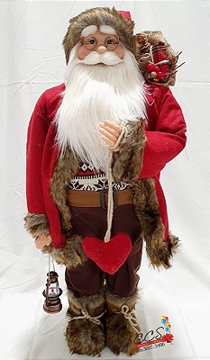 Boneco Papai Noel em Pé Vermelho e Marrom Segurando Lanterna e Coração 90cm - Ref 73581001 D&A